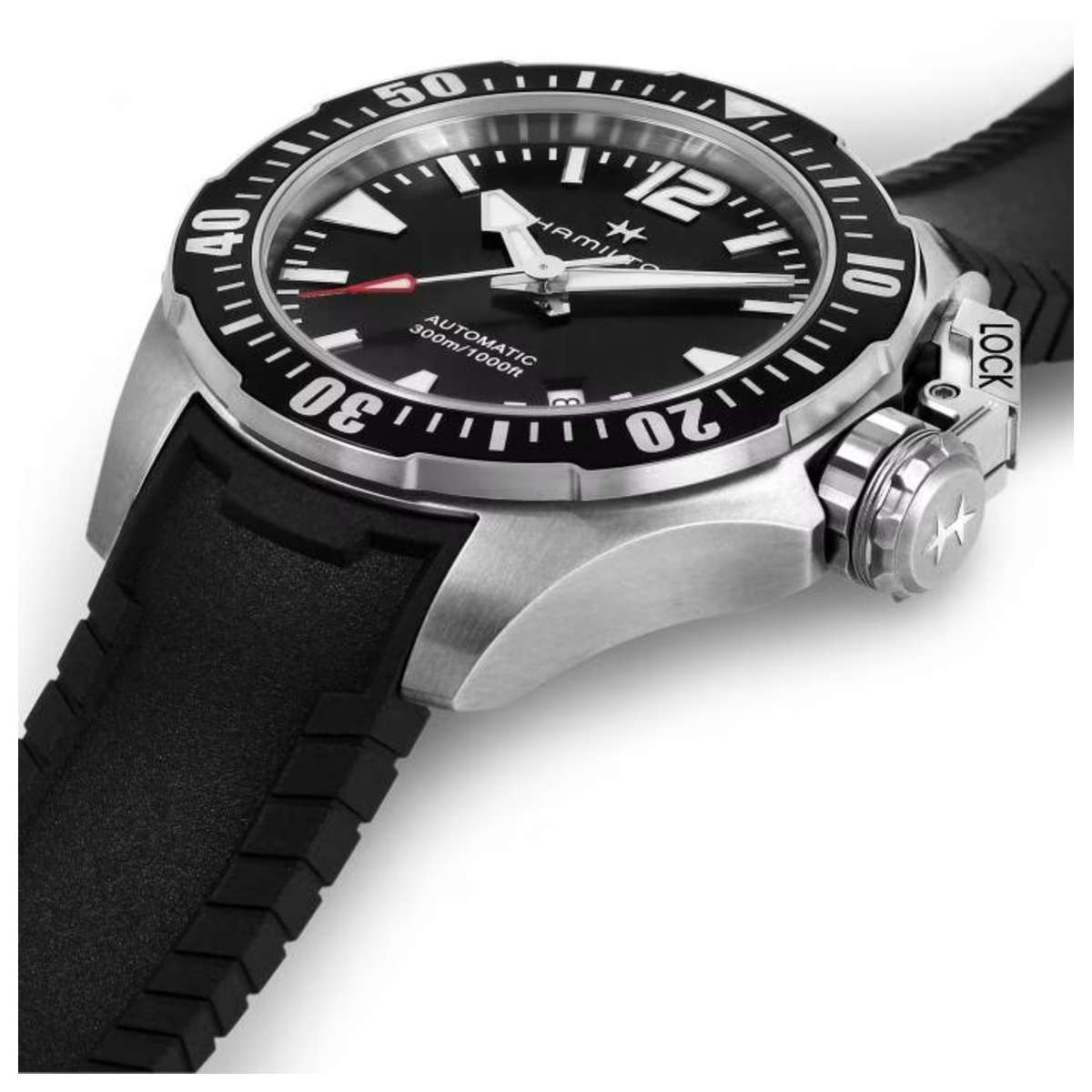 Hamilton Khaki Navy Frogman H77605335 4 Mặt trái đồng hồ Hamilton Khaki Navy Frogman H77605335 chính hãng
